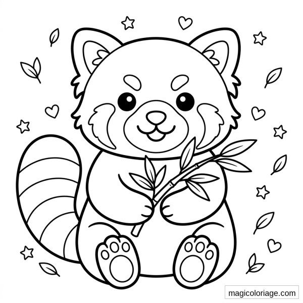 Coloriage panda roux mignon tenant une branche de bambou, entouré de feuilles, cœurs et étoiles