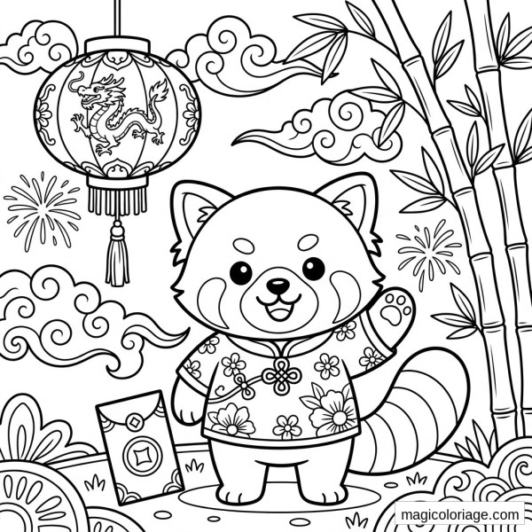 Coloriage panda roux en veste fleurie avec lanterne dragon, bambous, nuages et enveloppe rouge