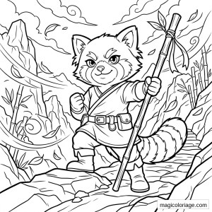 Coloriage panda roux aventurier avec bâton de bambou dans les montagnes