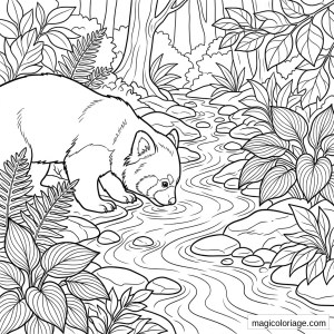 Coloriage panda roux buvant dans un ruisseau de forêt avec feuillages, fougères, galets et troncs