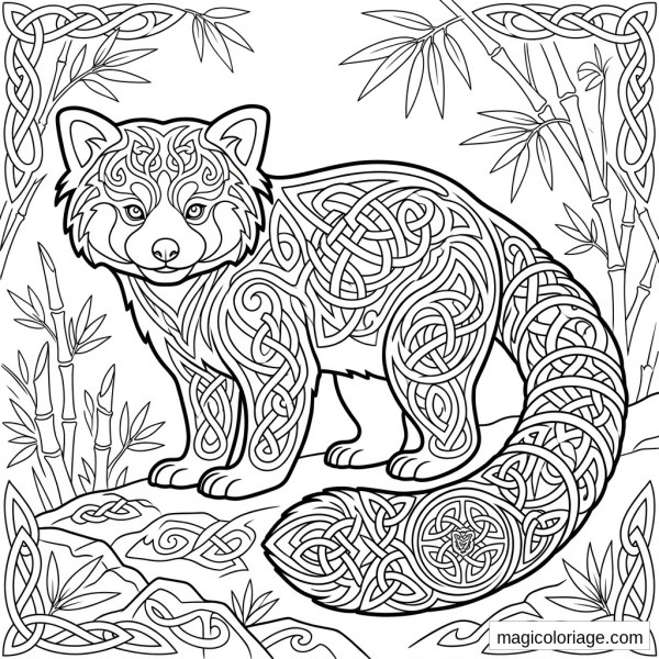 Coloriage panda roux avec motifs celtiques, queue décorée, bambous et frises entrelacées