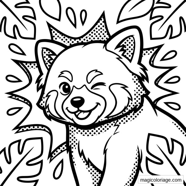 Coloriage panda roux qui fait un clin d’œil, entouré de grandes feuilles tropicales et de pointillés