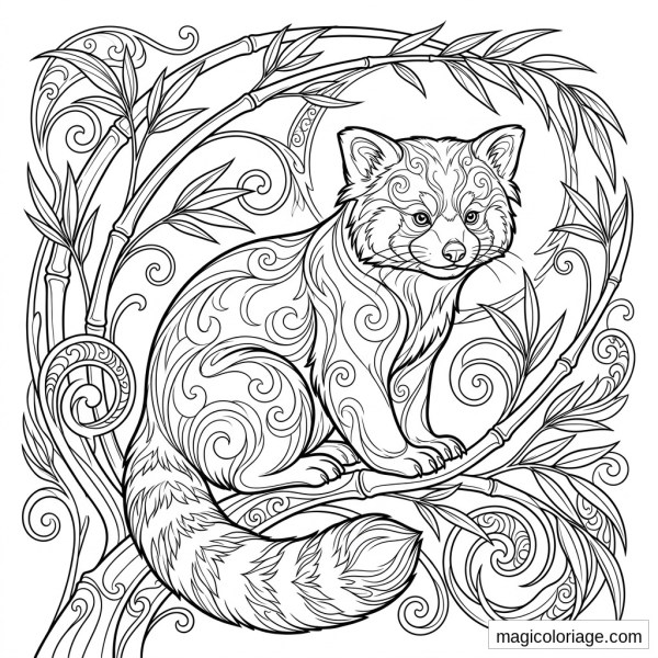 Coloriage panda roux assis sur une branche de bambou avec queue annelée, feuilles et volutes décoratives