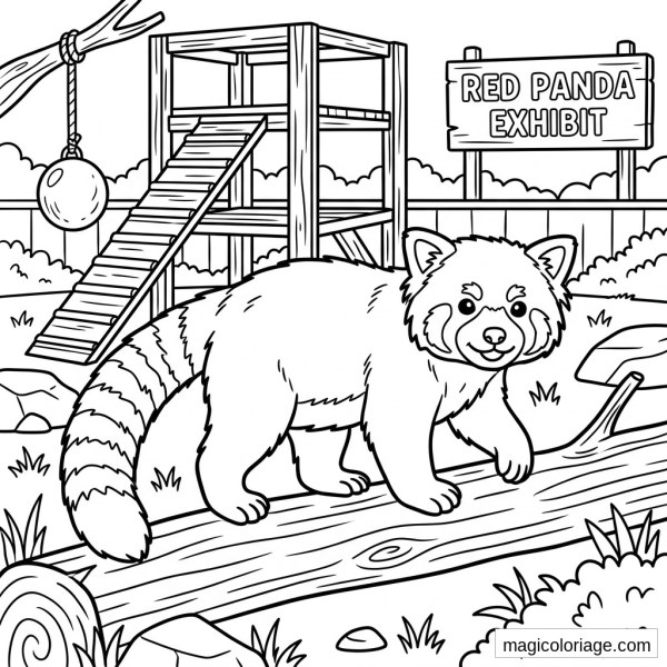 Coloriage panda roux dans un enclos de zoo avec tronc, plateforme en bois et panneau Red Panda Exhibit