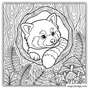 Coloriage panda roux dans un tronc d’arbre, entouré de fougères, champignons et motifs d’écorce