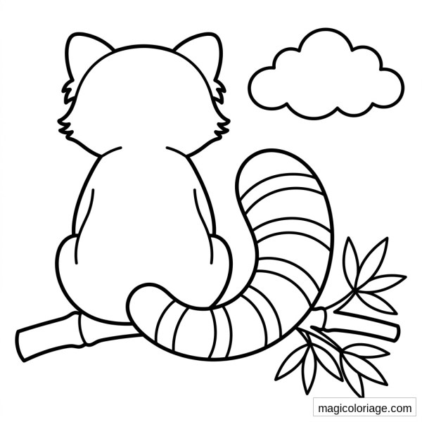 Coloriage panda roux de dos sur une branche de bambou avec queue rayée, feuilles et nuage