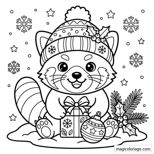 Coloriage panda roux de Noël avec bonnet, cadeau, boule, flocons et branches de houx