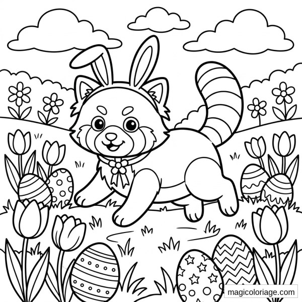 Coloriage panda roux déguisé en lapin avec œufs de Pâques, tulipes et fleurs dans un jardin