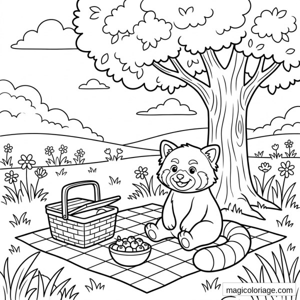 Coloriage panda roux en pique-nique sous un arbre avec panier, fruits, fleurs et prairie