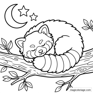 Coloriage panda roux endormi sur une branche sous la lune avec étoiles et feuilles