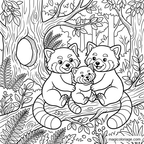 Coloriage panda roux famille avec bébé sur une branche dans la forêt, arbres, feuilles et fougères