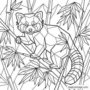 Coloriage panda roux géométrique sur une branche au milieu de bambous et feuilles à imprimer