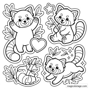 Coloriage panda roux avec quatre poses, bambou, feuilles, cœur et étoiles