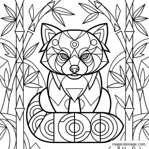 Coloriage panda roux mandala assis entre des bambous avec feuilles et motifs géométriques