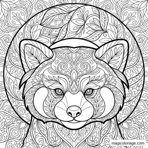 Coloriage panda roux mandala avec tête de face, feuilles, spirales et motifs décoratifs à imprimer