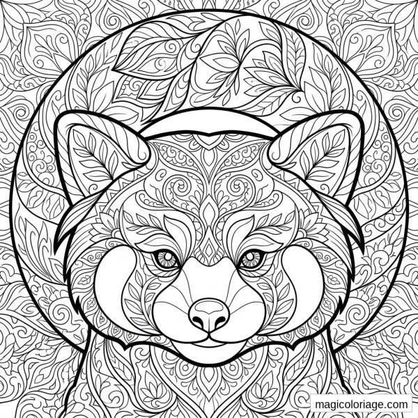 Coloriage panda roux mandala avec tête de face, feuilles, spirales et motifs décoratifs à imprimer