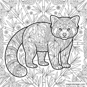 Coloriage panda roux debout avec bambous, feuilles, fleurs et motifs mandala dans le pelage