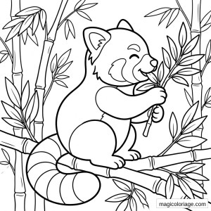 Coloriage panda roux souriant mangeant du bambou sur une branche dans une forêt de bambous