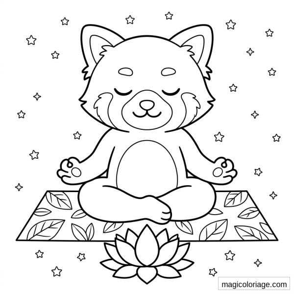 Coloriage panda roux assis en méditation sur tapis à feuilles, lotus et étoiles