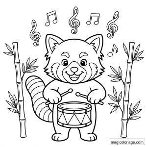 Coloriage panda roux jouant du tambour avec notes de musique et bambous