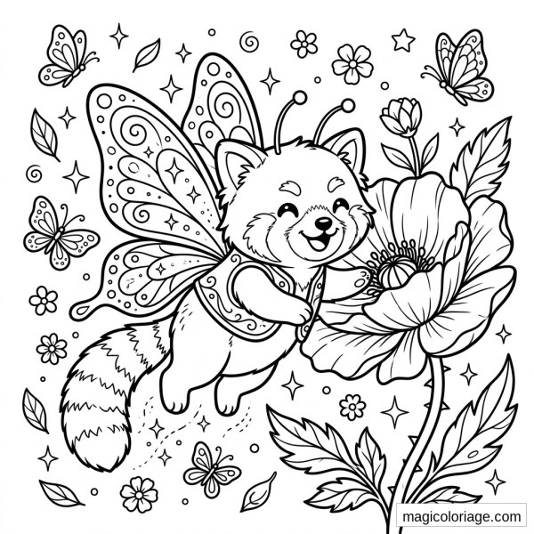 Coloriage panda roux avec ailes de papillon, fleurs, feuilles et étoiles à imprimer