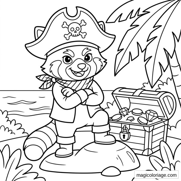 Coloriage panda roux pirate avec chapeau, coffre au trésor, palmier et mer