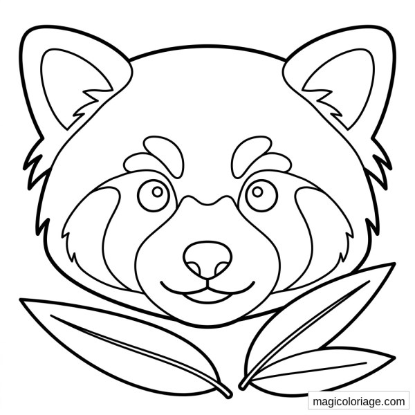 Coloriage panda roux de face avec grandes oreilles, visage souriant et feuilles de bambou