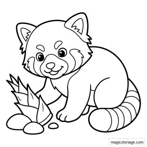 Coloriage panda roux souriant assis près de feuilles et galets, avec queue rayée à colorier