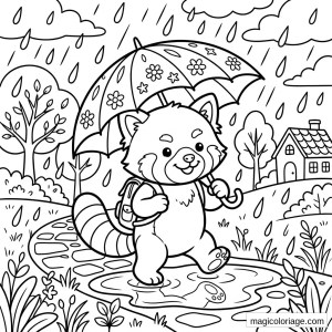 Coloriage panda roux sous la pluie avec parapluie fleuri, flaques, arbres et petite maison