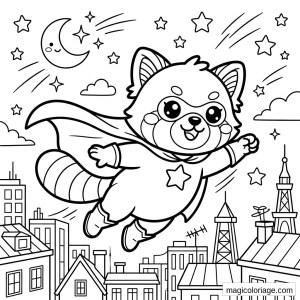 Coloriage panda roux super-héros volant au-dessus d’une ville, avec lune, étoiles et cape