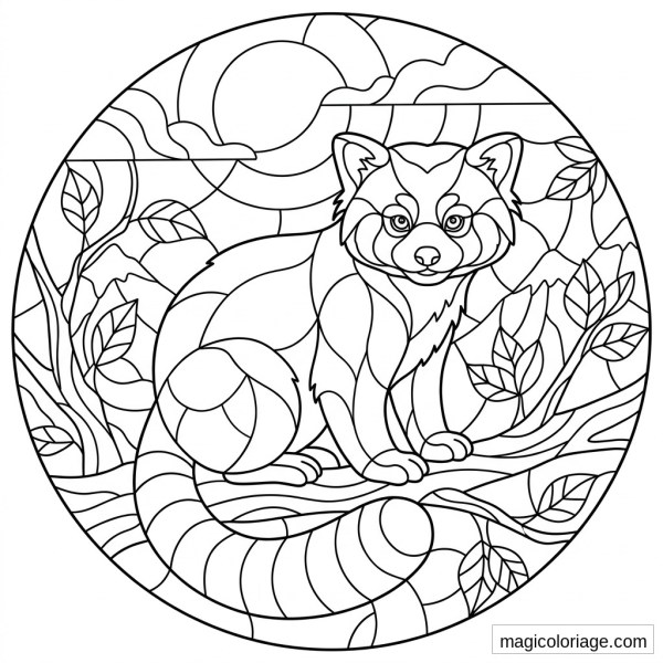 Coloriage panda roux sur une branche, avec queue rayée, feuilles, montagnes et soleil dans un médaillon rond