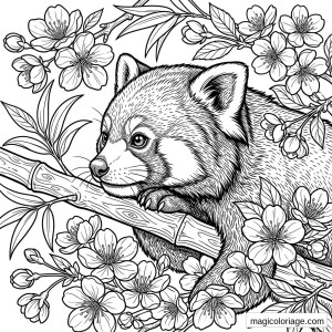 Coloriage panda roux couché sur une branche parmi fleurs et feuilles de bambou