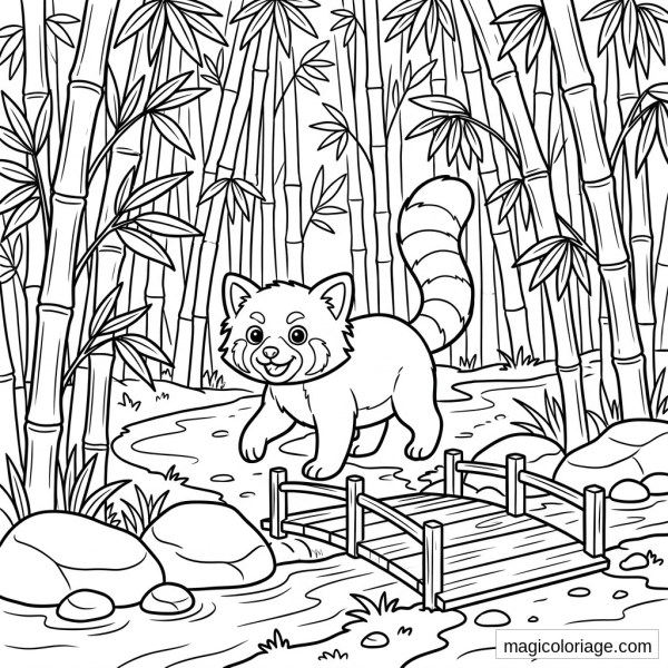 Coloriage panda roux près d’un pont en bois dans une forêt de bambous avec ruisseau et rochers
