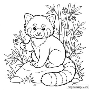Coloriage panda roux assis sur un rocher avec bambous, feuilles, baies et grande queue rayée