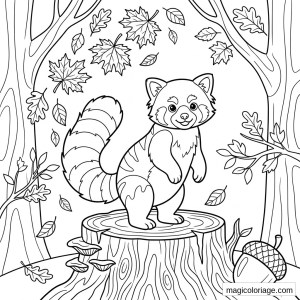 Coloriage panda roux debout sur une souche avec feuilles d’automne, champignons et gland en forêt