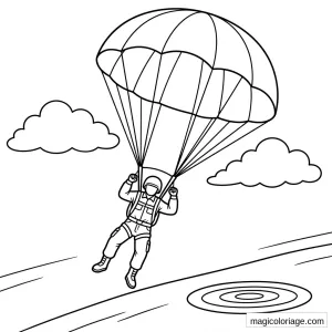 Coloriage militaire d’un parachutiste descendant vers une cible au sol avec grande voile et nuages