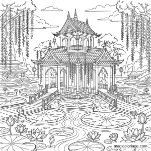 Coloriage paysage fantastique avec pavillon asiatique, lotus, nénuphars, ponts et lianes