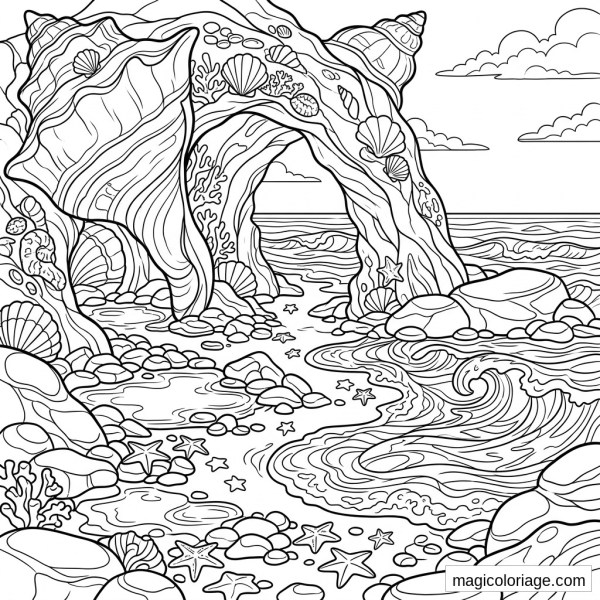 Coloriage paysage fantastique avec arche marine, coquillages géants, vagues, coraux et étoiles de mer