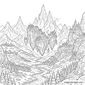 Coloriage paysage fantastique avec montagnes, îles flottantes, châteaux, rivière et forêts de sapins