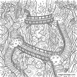 Coloriage paysage fantastique avec ponts suspendus, escaliers, canyon rocheux, rivière et arbres