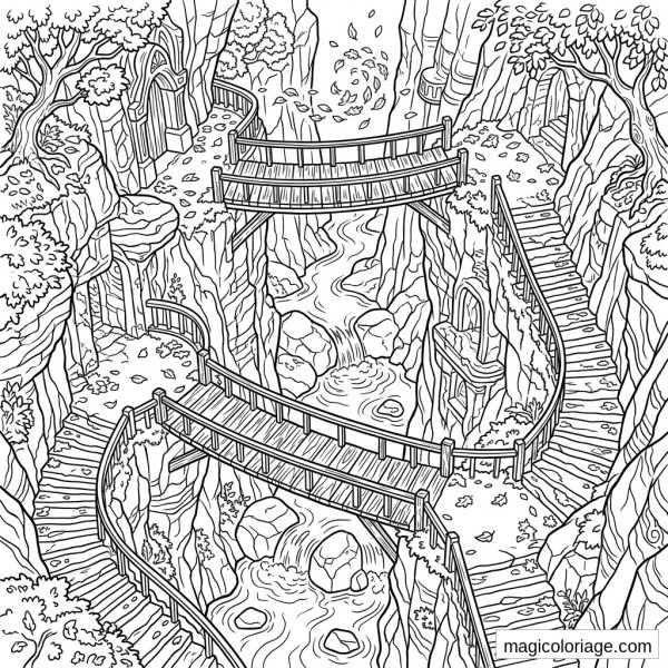 Coloriage paysage fantastique avec ponts suspendus, escaliers, canyon rocheux, rivière et arbres