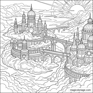 Coloriage paysage fantastique avec cité céleste, dômes, arches, nuages et soleil rayonnant