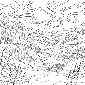Coloriage paysage fantastique enneigé avec aurores, cascade gelée, pont, chalets et montagnes