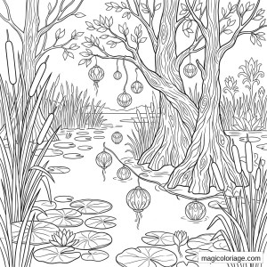 Coloriage paysage fantastique avec étang, arbres noueux, roseaux, nénuphars et lanternes suspendues