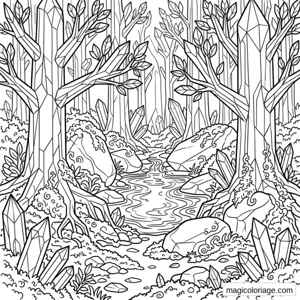 Coloriage paysage fantastique avec forêt de cristaux, ruisseau, rochers, mousse et grands arbres facettés