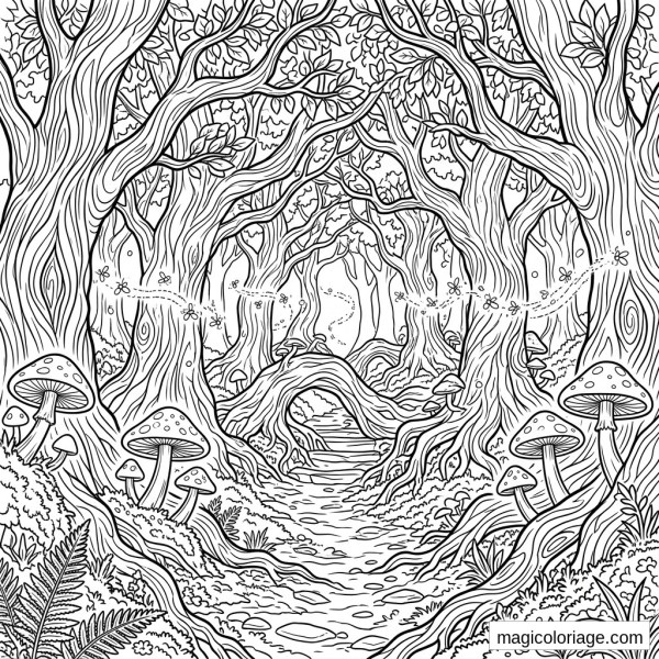 Coloriage paysage fantastique avec forêt enchantée, sentier, arbres torsadés et champignons