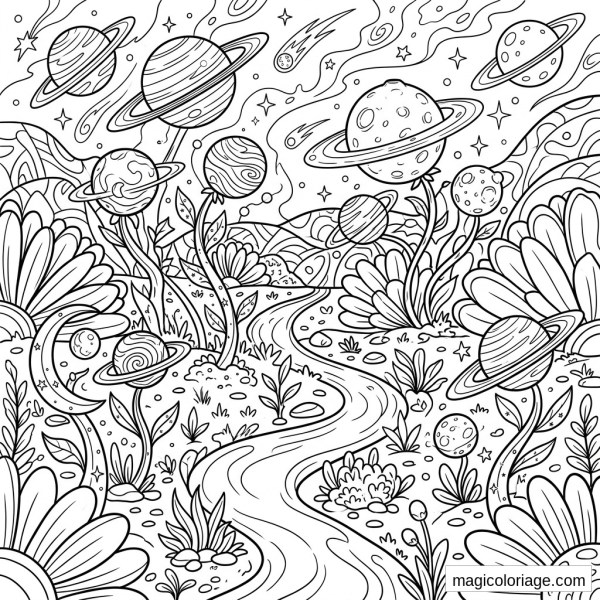 Coloriage paysage fantastique avec jardin spatial, planètes à anneaux, fleurs géantes, étoiles et comètes
