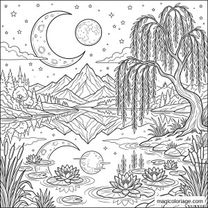Coloriage paysage fantastique avec lune, saule, lac, montagnes, nénuphars et ciel étoilé