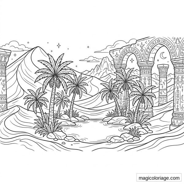 Coloriage paysage fantastique avec oasis, palmiers, dunes, arches anciennes et ciel étoilé