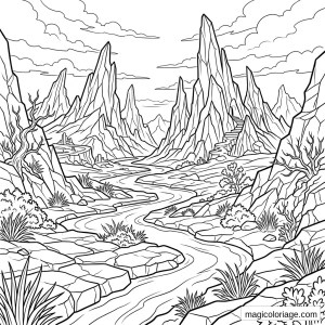 Coloriage paysage fantastique avec rivière, pics rocheux, escalier et vallée minérale